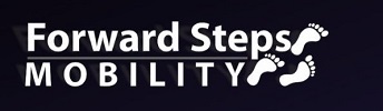 logo with the words, Forward steps mobility with three black footprints angling towards two o'cloc